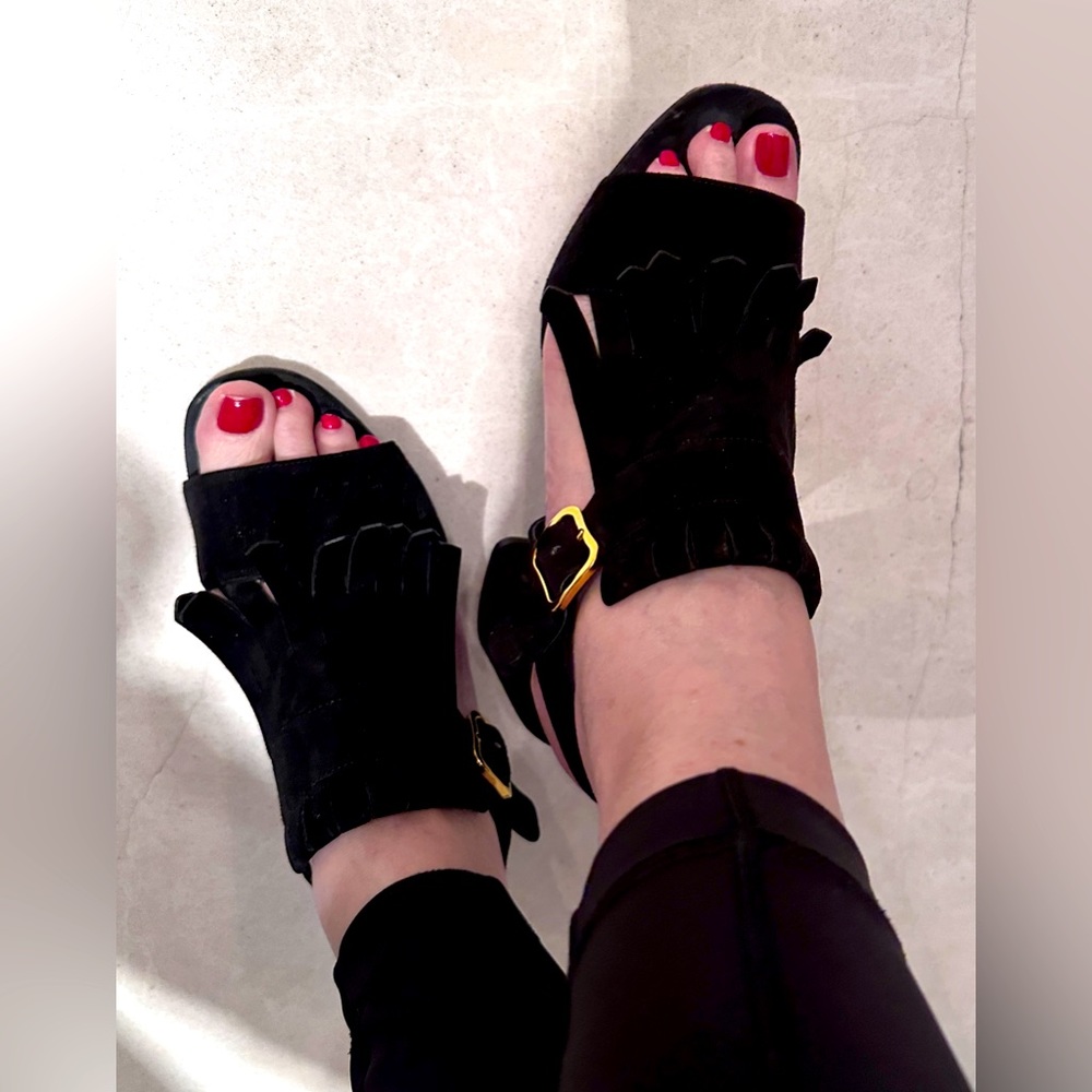 Prada Size 9 Black Suede Sling Back heel with gold tone buckle & block heel.